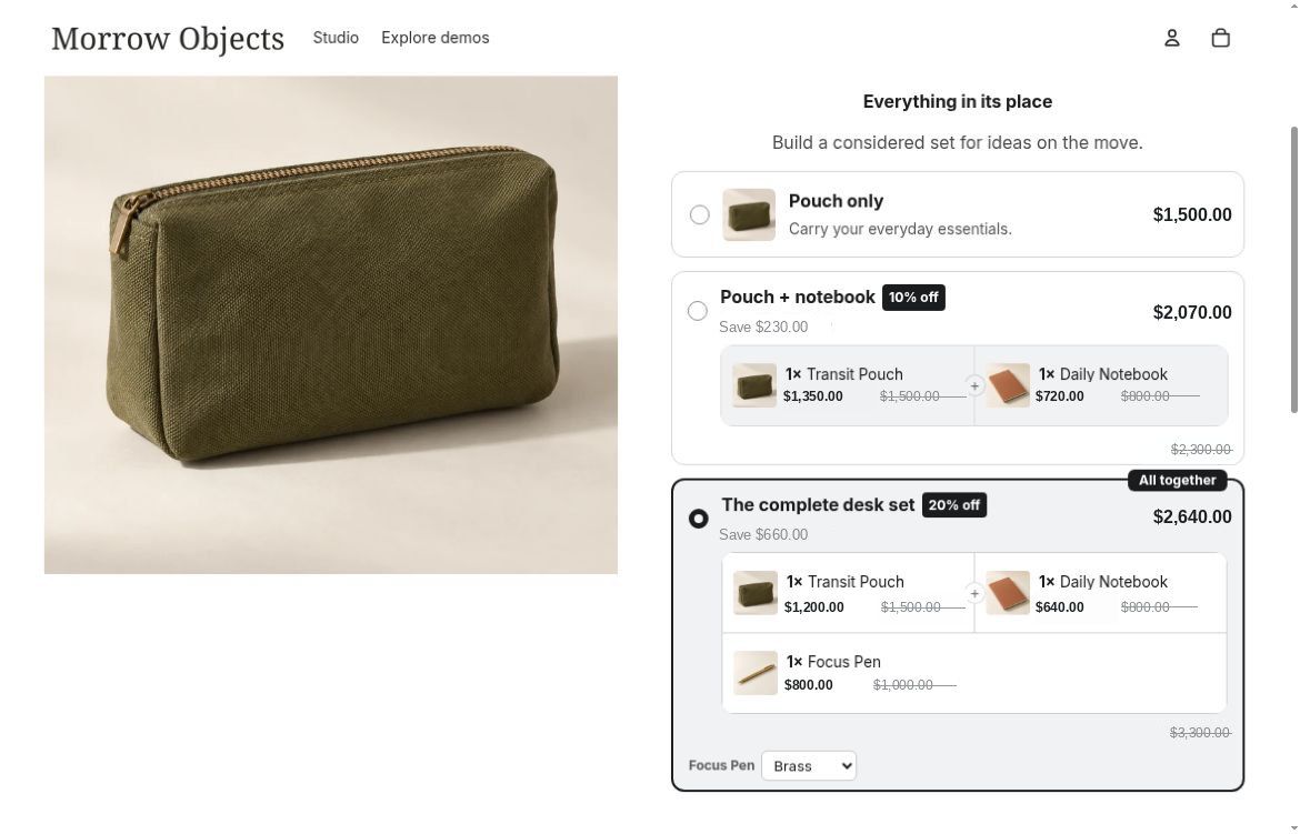 WowBundle product-page offer with a pouch, notebook and pen selected as a desk set for $2,640.